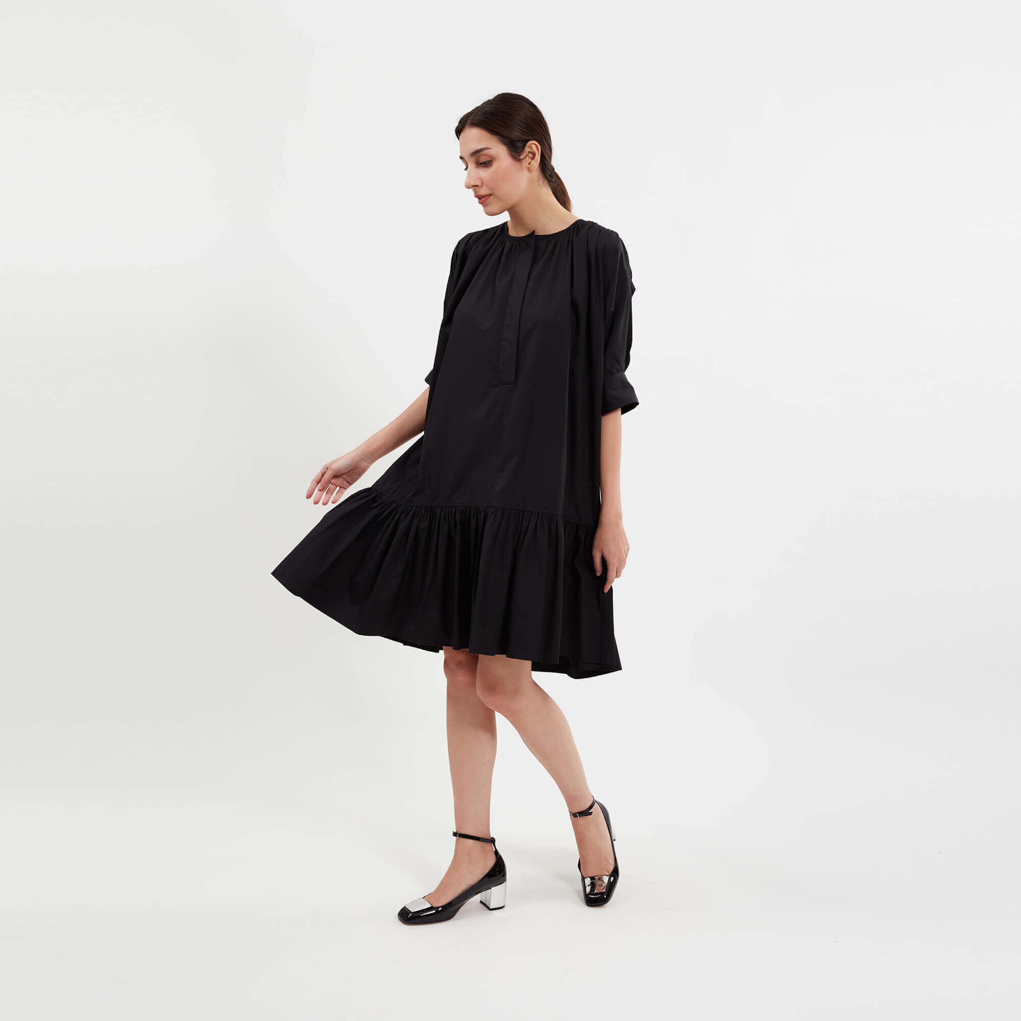 Chloe - Black Cotton Poplin Belted Dress